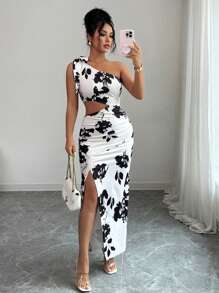 Selianne 女士优雅印花单肩连衣裙