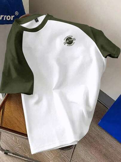 Claim Dot Standard Size Men's Olive Green & White Raglan Sleeve T-Shirt Men Color Block T-Shirt New York Graphic Tee