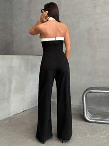 EURMUSE Summer Sexy Contrast Color Backless Halter Jumpsuit - Black - View 2