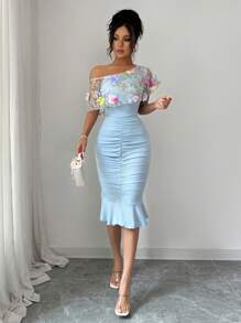 Modelyn Women's Knit Patchwork Chiffon Embroidered Asymmetrical Design Draped Summer Dress - Blue - View 6