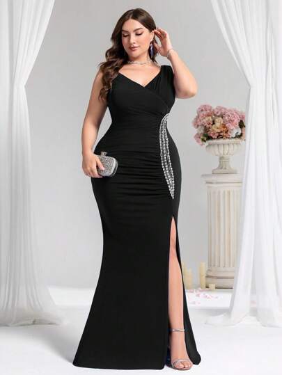 Coutiva Royal Blue V-Neck Sleeveless Beaded Decor Side Slit Evening Dress