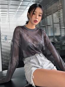 DAZY Drop Shoulder Mesh Top Without Bra Going Out Tops Sheer Long Sleeve Women Tops,Fall Women Clothes - Black - View 9