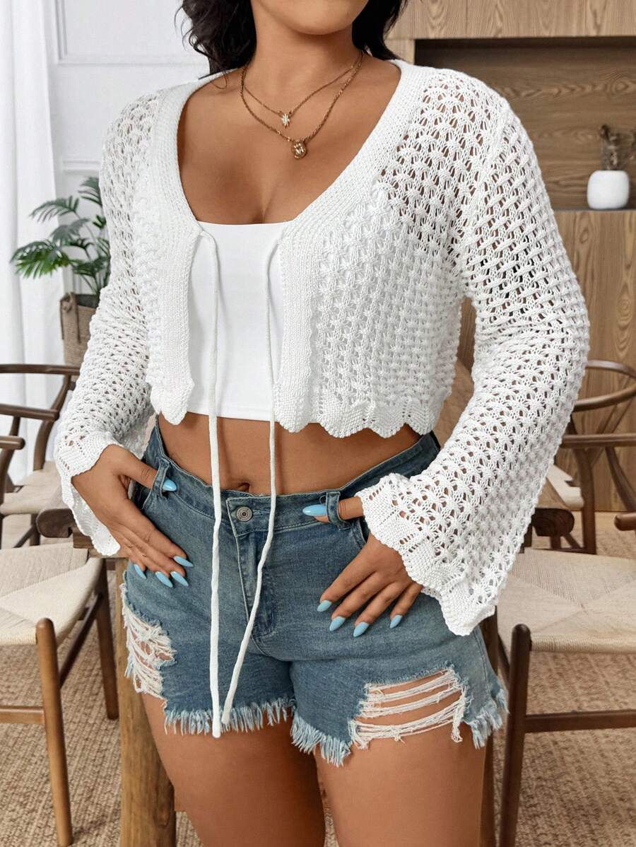 SHEIN LUNE Plus Size Women's Solid Color Knitted V-Neck Tie Front Hollow Out Flare Sleeve Cropped Cardigan, Minimalist Elegant Style For Summer Fall Winter Cloth For Women Autumn - White - View 1