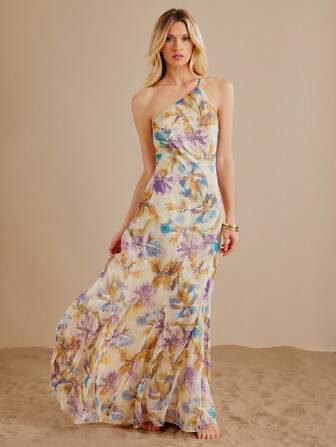 L'Amorae 花卉印花无袖不对称领口夏装