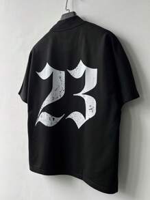 Manfinity EMRG 男士夏季休闲标语和图案印花圆领短袖 T 恤 - 黑色 - 查看 3