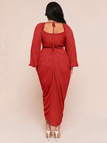 SHEIN BAE 女士加大码优雅亮片闪光垂褶领长袖褶皱不对称下摆开衩派对连衣裙，橄榄绿，婚礼宾客礼服 - 紅色 - 查看 2