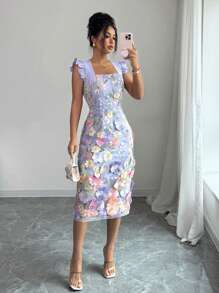 Rafferiza Women's Elegant Fashion Party Banquet Ribbon Strap Embroidery 3D Flower Cinched Waist A-Line Midi Lace Dress, Spring/Summer Flower Dress Woman Embroidered Floral Dress - Multicolor - View 3