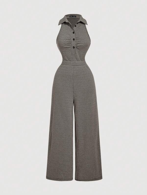 SHEIN MOD Salopă cu imprimeu Houndstooth și guler, fără mâneci, talie strânsă, nasturi încrețiți în față, picior drept