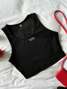 SHEIN EZwear Completo sportivo casual, composto da canotta crop aderente con toppe ricamata "California" e pantaloncini con laccetto, set da 2 pezzi, adatto per attività sportive estive da donna