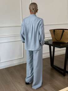 DAZY Women's Casual Lace Decor Shirt And Wide Leg Pants 2 Pieces Set, Autumn,Fall Women Clothes Lounge Sets For Women Vacation Outfits Women - Blue - View 2