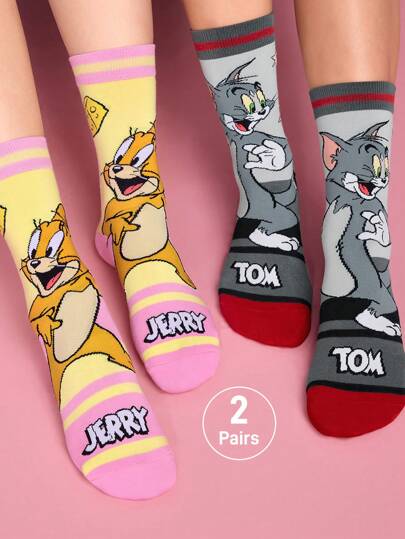 TOM & JERRY X SHEIN 2Pairs Soft & Breathable Moisture-Wicking Casual Couple Mid-Calf Socks With Cartoon Striped Pattern Fashionable And Cute Grey & Pink Crew Socks Reinforced Toe & Heel For Durability Unisex For Men & Women All Season All-Match