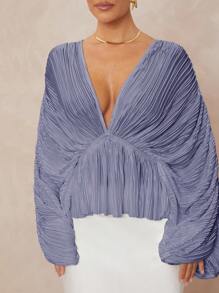 Lumalex Deep V-Neck Oversized Bell Sleeve Loose Women Shirt With Ruffle Hem - Purple - View 4