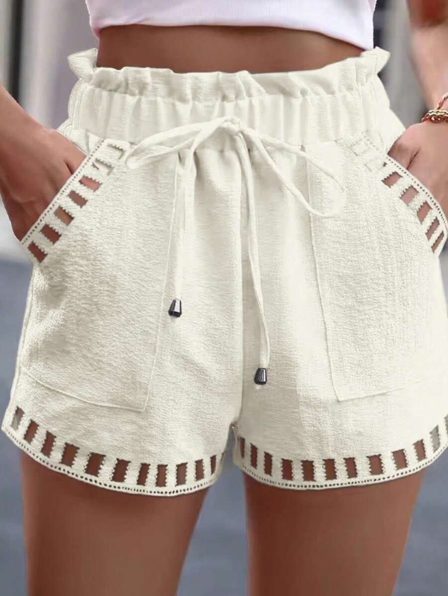 女式纸袋腰口袋扭纹休闲短裤 - 杏色 - 查看 1