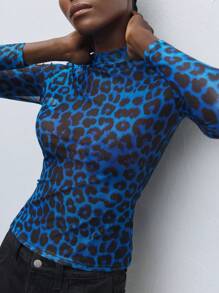 Maija Leopard Print Mesh Top Without Bra,Autumn Outfits For Women, Christmas Women's Clothing - Blue - View 6
