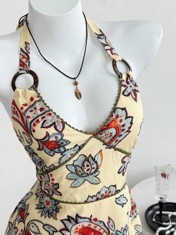 Elamini Bohemian Style A-Line Paisley Print Halter Neck Sleeveless Dress, For Spring & Summer Holiday