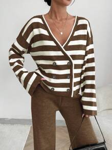 EURMUSE Women Stripe Pattern Front Button V-Neck Drop Shoulder Cardigan & Sweater Pants Set - Brown - View 4