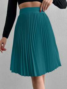 EURMUSE Women Plain Ruched A-Line Skirt, Casual - Dark Green - View 4