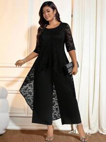 Cravure 大码女式两件套：蕾丝边前短后长中袖上衣和松紧腰紧身裤 - 黑色 - 查看 1