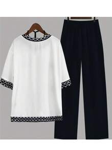 INAWLY Women 2pcs/Set Contrast Trim Short Sleeve Top And Solid Color Long Pants - Black and White - View 2