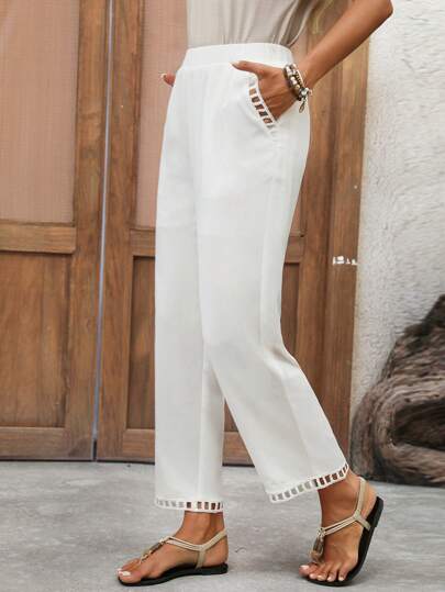 EMERY ROSE Pantalones casuales de resort para mujer de unicolor, pantalones estrechos de verano, pantalones blancos para mujer con bolsillos