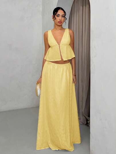 SHEIN BAE 2 件女式深 V 领透视背心和超长高开衩长裙套装，春夏纯白色，度假装