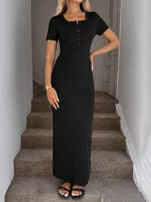 SHEIN LUNE Sexy Bodycon Black Short Sleeve Knit Dress, Figure-Flattering Midi Dresses For Women Elegant
