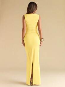 SHEIN BAE 夏季海滨度假纯色酒红色节日方领弹力上衣套装裙套装音乐节服装乡村音乐节服装演唱会服装返校季服装婚礼伴娘服装婚礼季服装 - 黃色 - 查看 2