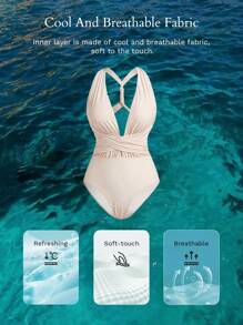 MOTF PREMIUM DEEP V NECK WRAP ONE-PIECE SWIMSUIT FOR SUMMER BEACH VACATION - Beige - View 8