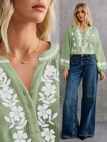 Poéselle 女式刺绣缺口领长袖优雅衬衫，夏季 - 薄荷綠 - 查看 3