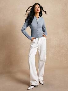 Poéselle Gray Short Slim Front Button Solid Color Long Sleeve Simple Casual Knit Cardigan,Gray Sweater,Short Women's Sweater,Women's Sweaters,Knit Sweaters,Winter Women's Clothing,Fall Women's Clothing, Summer Cardigans Ribbed Knit Cardigan, Blue Cardigan,Cozy Fall And Winter Clothes For Women - Blue - View 4