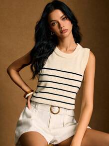 Poéselle 女士条纹印花圆领时尚休闲条纹针织上衣，女士夏季针织上衣毛衣背心针织背心条纹上衣秋冬