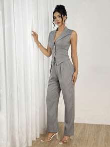 Modelyn 2pcs/Set Women Short Waist Fitted Vest With Lapel Collar And Pants - Grey - View 5