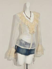 SHEIN ICON Y2k Phụ nữ đi chơi mùa thu Tây Boho Sexy Hippie Beige Goth Màu trơn Tay dài ren xuyên thấu Áo cánh cổ chữ V xếp nếp - Màu be - Xem 6