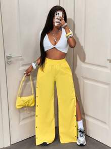 BamGleam Women's Solid Color Elastic Waist Button Design Split Wide Leg Pants Fall Cloth For Women - Yellow - View 3