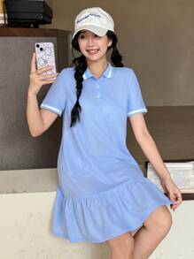 SHEIN 青少年女孩休閒舒適針織純色洋裝，學院風藍色 Polo 領洋裝，荷葉邊下擺領口洋裝 - 藍色 - 查看 4
