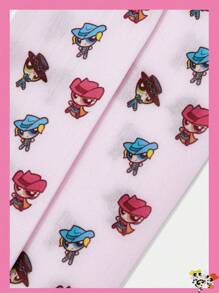 THE POWERPUFF GIRLS X SHEIN 1 双女式可爱牛仔卡通图案欧根纱中筒袜，粉色