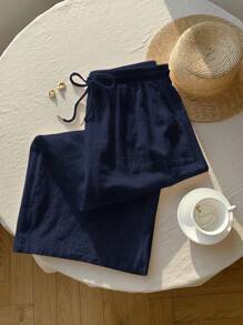 SHEIN EZwear Quần dài thường ngày cạp rút màu xanh navy cỡ lớn cho nữ - Màu xanh hải quân - Xem 3