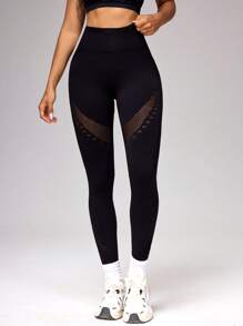 SHEIN Sports 无缝纯色高腰提臀运动紧身裤 - 黑色 - 查看 4