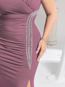 Coutiva Vestido de noche de unicolor tipo real con decoración de cuentas, escote en V con tirantes finos y abertura lateral - Rosa - Ver 7