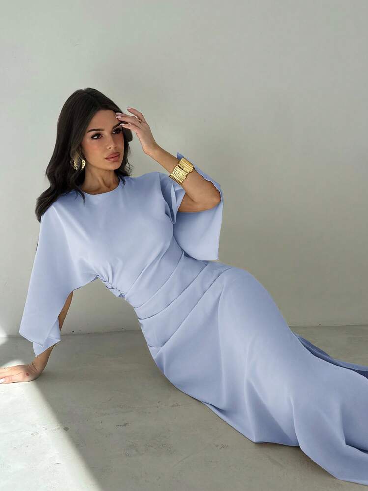 Firerie Robe de soirée élégante jaune pour les fêtes d'été, robe de cérémonie formelle pour la remise des diplômes, les cérémonies de remise de prix, sans manches avec des plis à la taille, fente à l'ourlet, longueur jusqu'aux pieds - Bleu azur - Voir 4