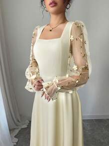 Firerie 女士网眼刺绣长袖方领系带 A 字裙，浪漫伴娘礼服，适合婚礼、派对、约会、毕业典礼、表演、音乐会