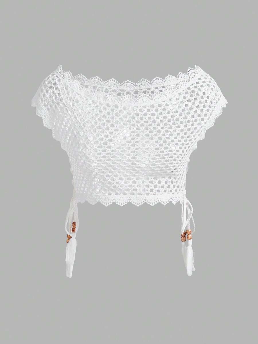 Amplova Water Soluble Lace Trim Decor Sheer Crochet Tie Front Blouse For Women White - White - View 1
