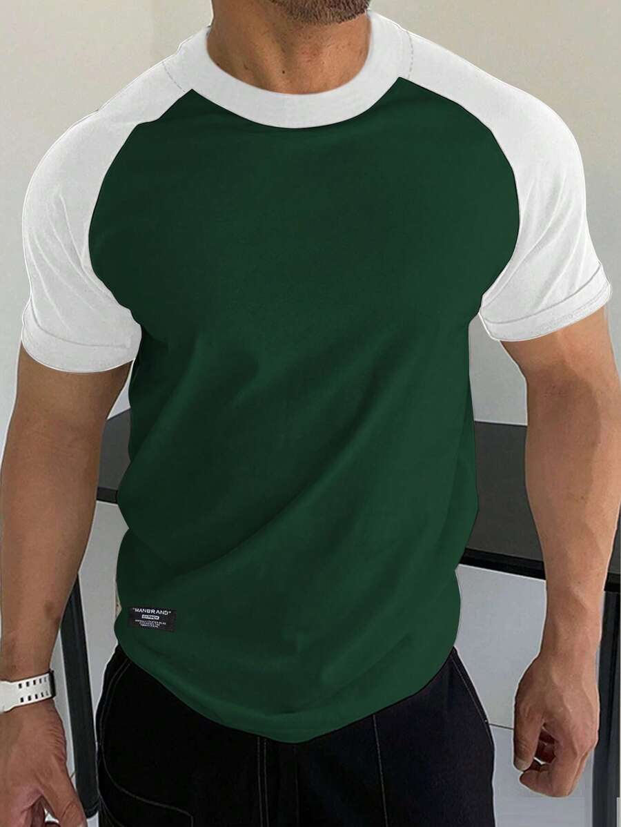 Manfinity Homme Men's Summer Contrast Color Round Neck Raglan Sleeve Short Sleeve Casual T-Shirt T Shirts For Men Green And White - Multicolor - View 1
