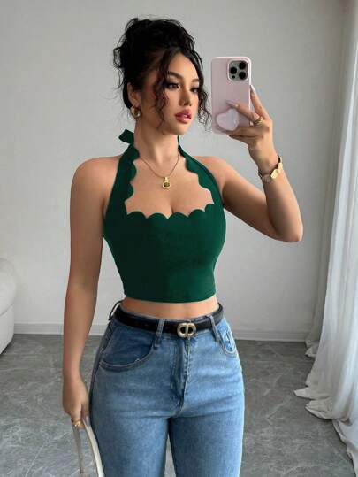Gloray Sexy Vacation Black Halter Tie Wave Edge Crop Top For Women