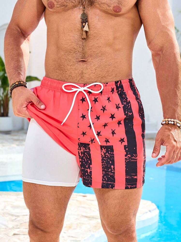 Manfinity Men's Star Print Pocketed Drawstring Waist Beach Shorts, Suitable For Summer - Red - View 1