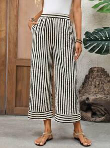EMERY ROSE 女士休闲条纹印花松紧腰宽松阔腿裤夏季女式宽松裤