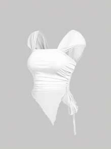 SHEIN MOD 大码女式可爱系带红色T恤，浪漫优雅休闲上衣 - 白色 - 查看 1