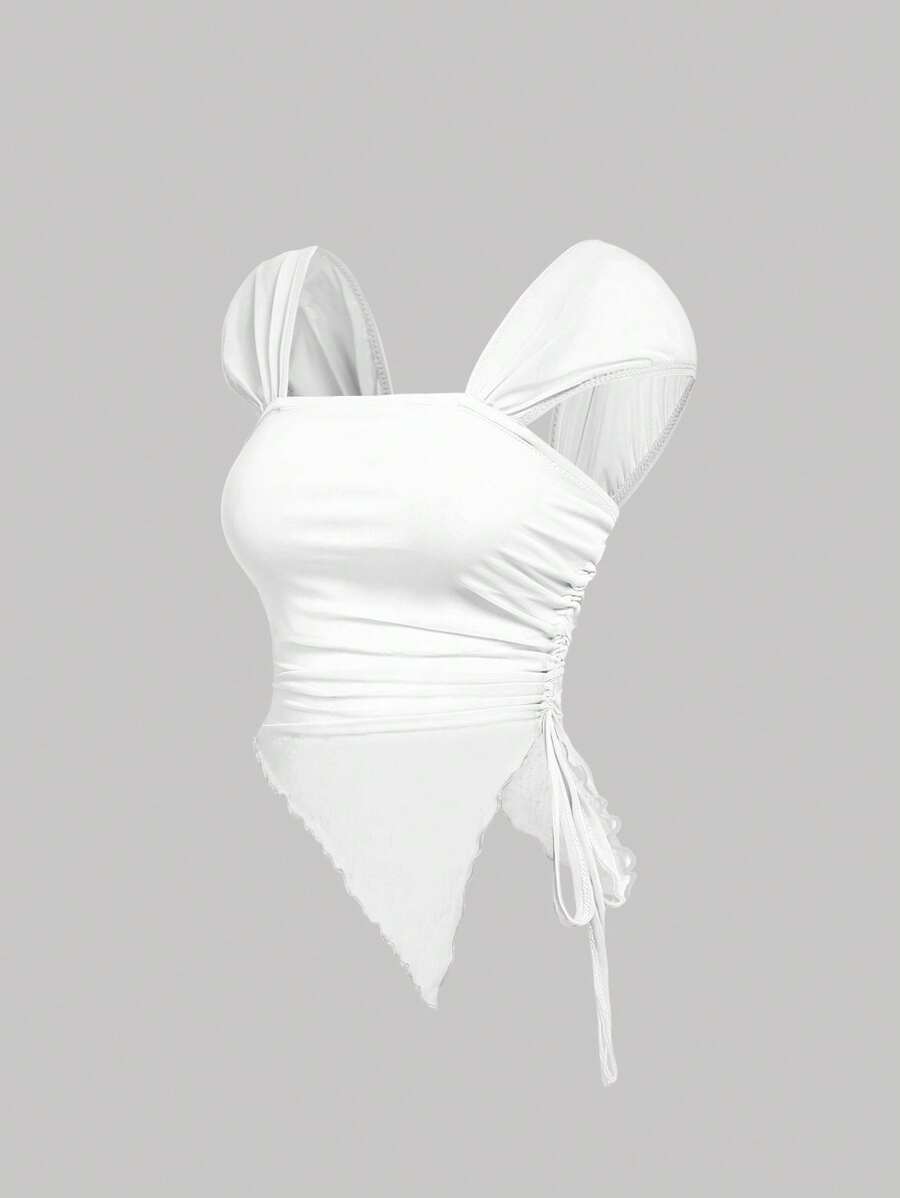 SHEIN MOD 大码女式可爱系带红色T恤，浪漫优雅休闲上衣 - 白色 - 查看 1