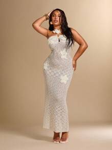 SHEIN BAE فستان سويتر طويل كاجوال مزين بزهور ثلاثية الأبعاد للنساء البدينات، ملابس عيد الحب، فساتين للنساء للعطلات، ملابس صيفية للنساء، ملابس شاطئية للمرأة، فستان عيد الحب، فستان صيفي، فستان سويتر، فساتين ماكسي للنساء، فساتين شاطئية للنساء