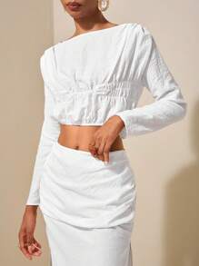 Zivah 20  Spring/Summer New Arrivals: Music Festival, Easter, St. Patrick's Day, Western, Nomadic, Birthday Party, Graduation, School, Daily Casual, All-Match, Leisure, Vacation, Cruise, Beach, Sunbathing, Viral, Streetwear, Wedding Guest, Commute, Brunch, Airport, Gathered Neck Shirred Top Crop Top - White - View 3